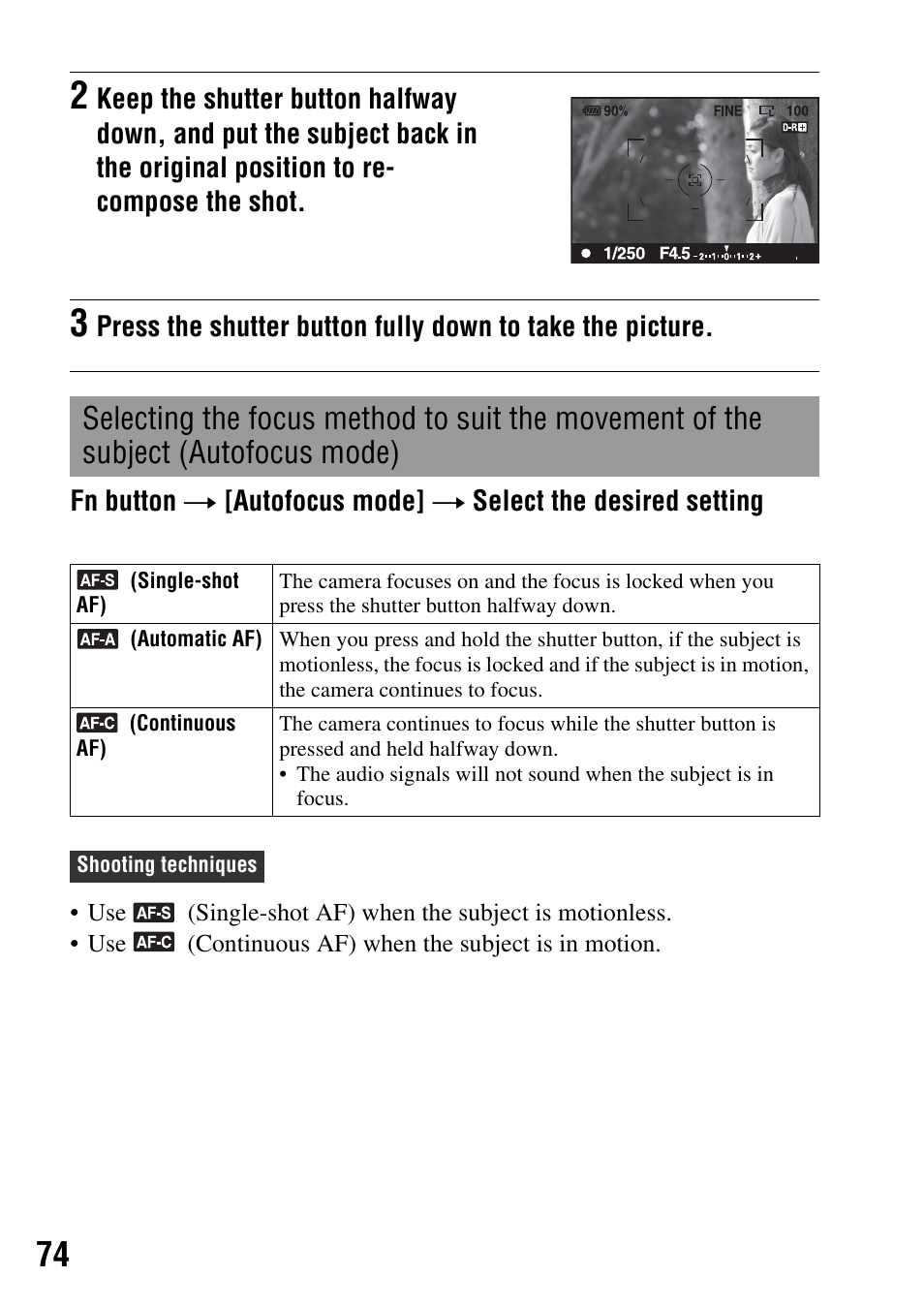Subject (autofocus mode), De (74) | Sony 4-133-499-11 (1) User Manual | Page 74 / 167