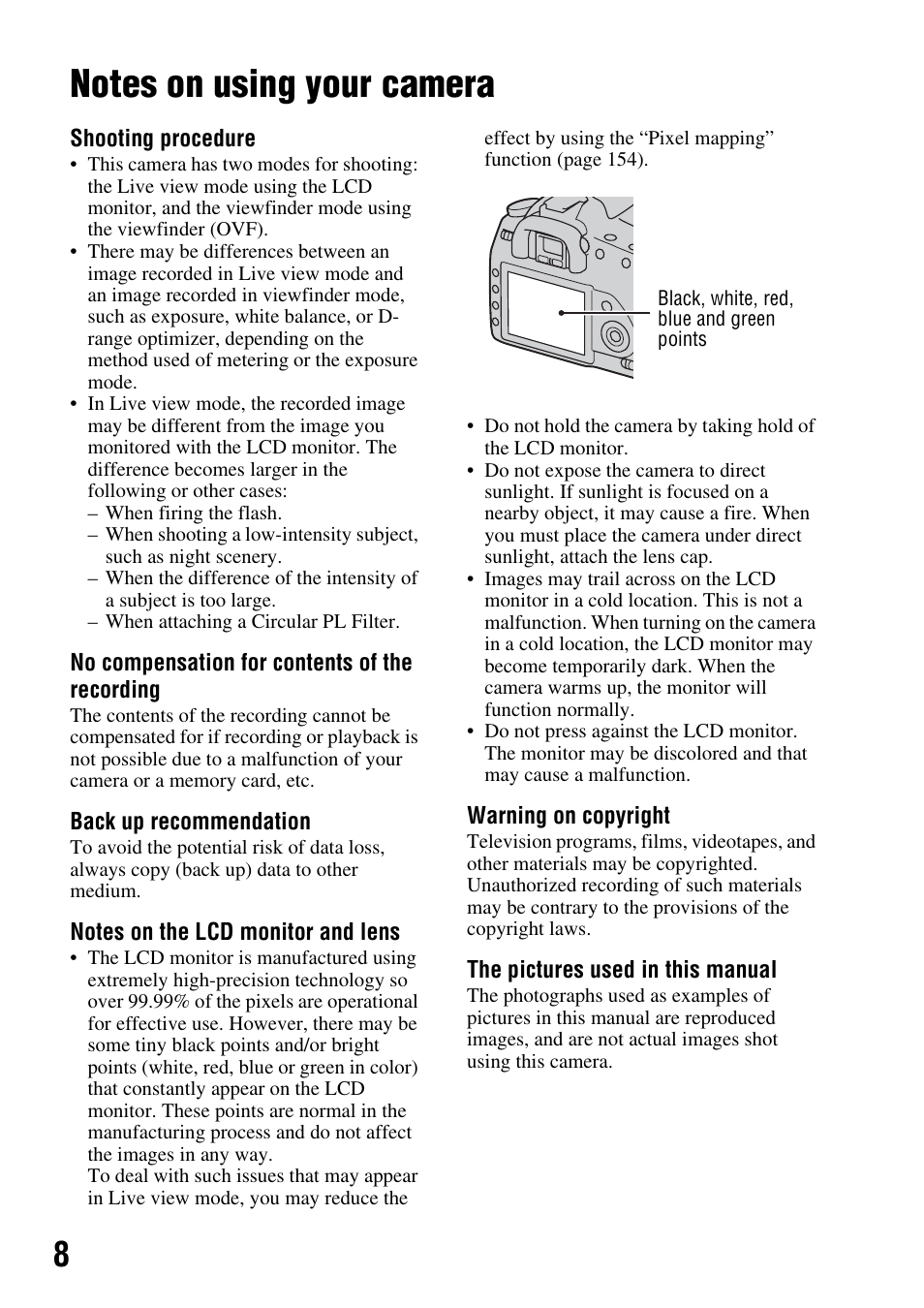 Notes on using your camera | Sony 4-133-499-11 (1) User Manual | Page 8 / 167