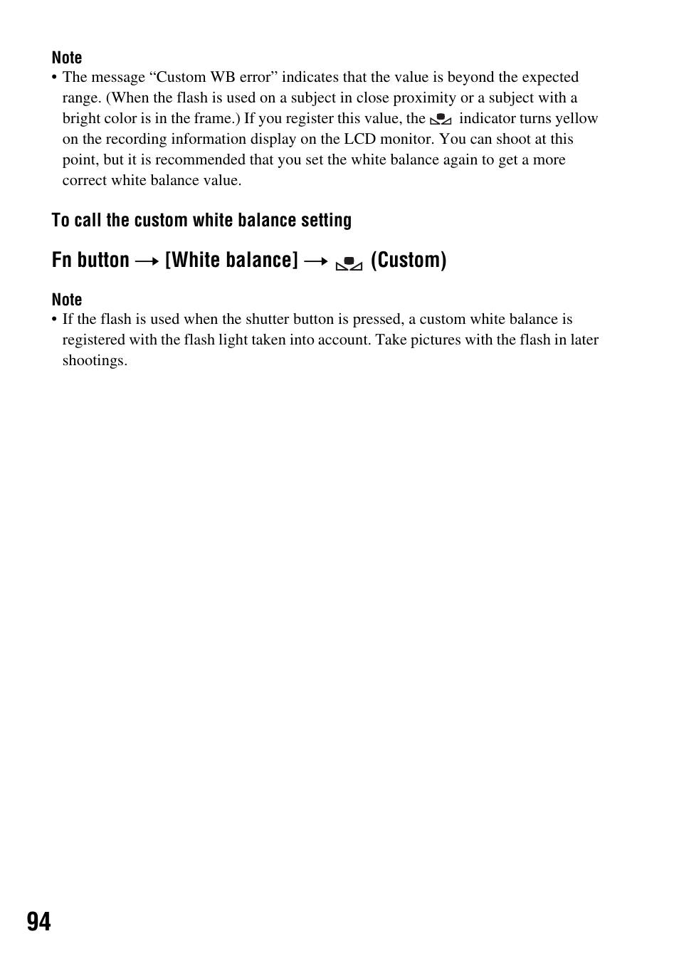 Fn button t [white balance] t (custom) | Sony 4-133-499-11 (1) User Manual | Page 94 / 167