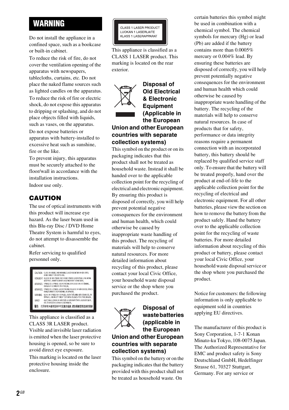 Warning | Sony 4-178-247-14(1) User Manual | Page 2 / 80