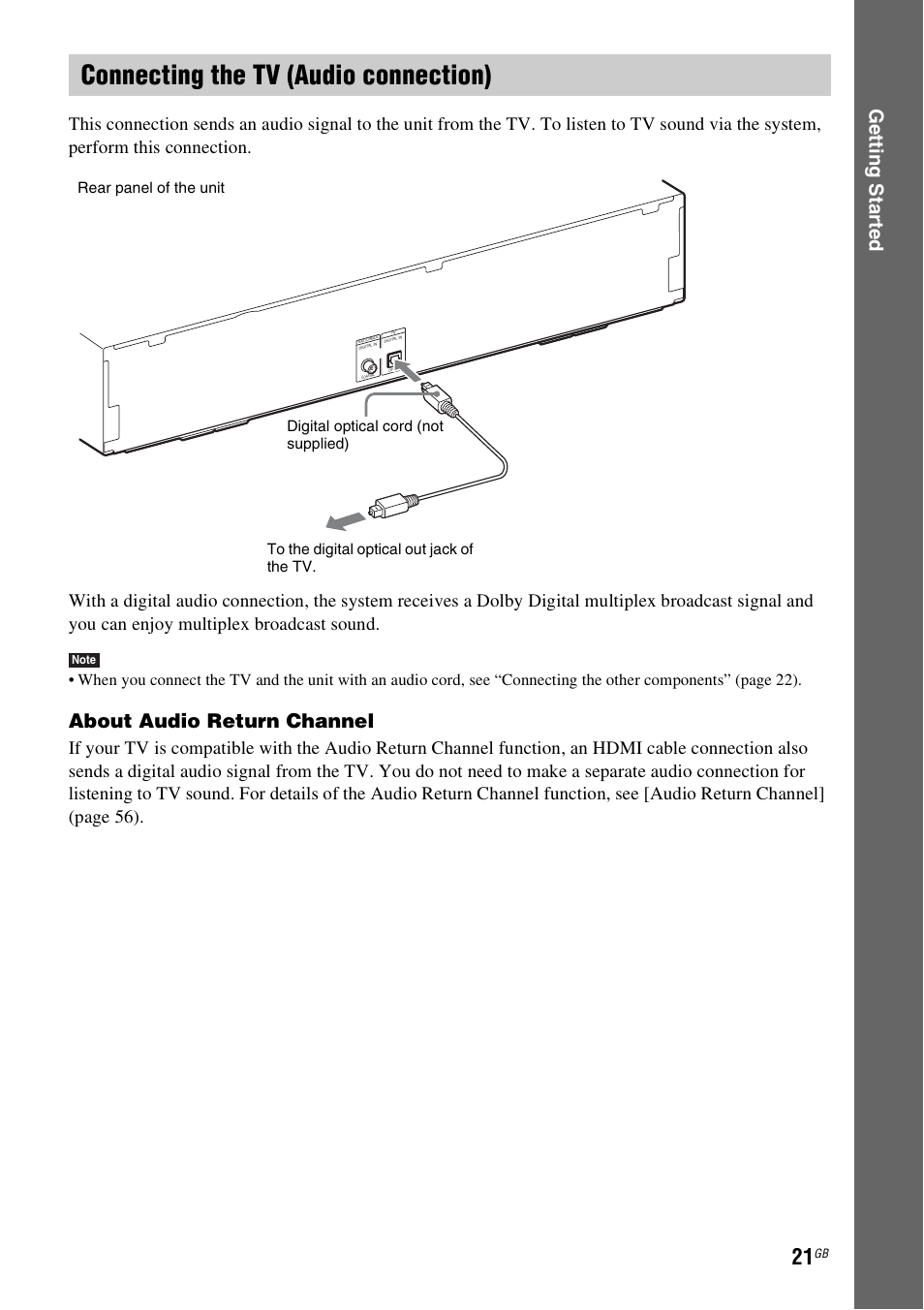 Connecting the tv (audio connection), Ge tting star te d, About audio return channel | Sony 4-178-247-14(1) User Manual | Page 21 / 80