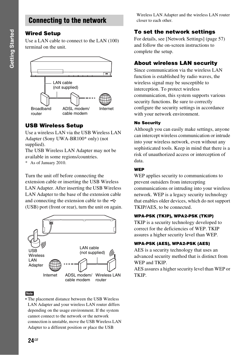 Connecting to the network, Gettin g star ted wired setup, Usb wireless setup | About wireless lan security | Sony 4-178-247-14(1) User Manual | Page 24 / 80