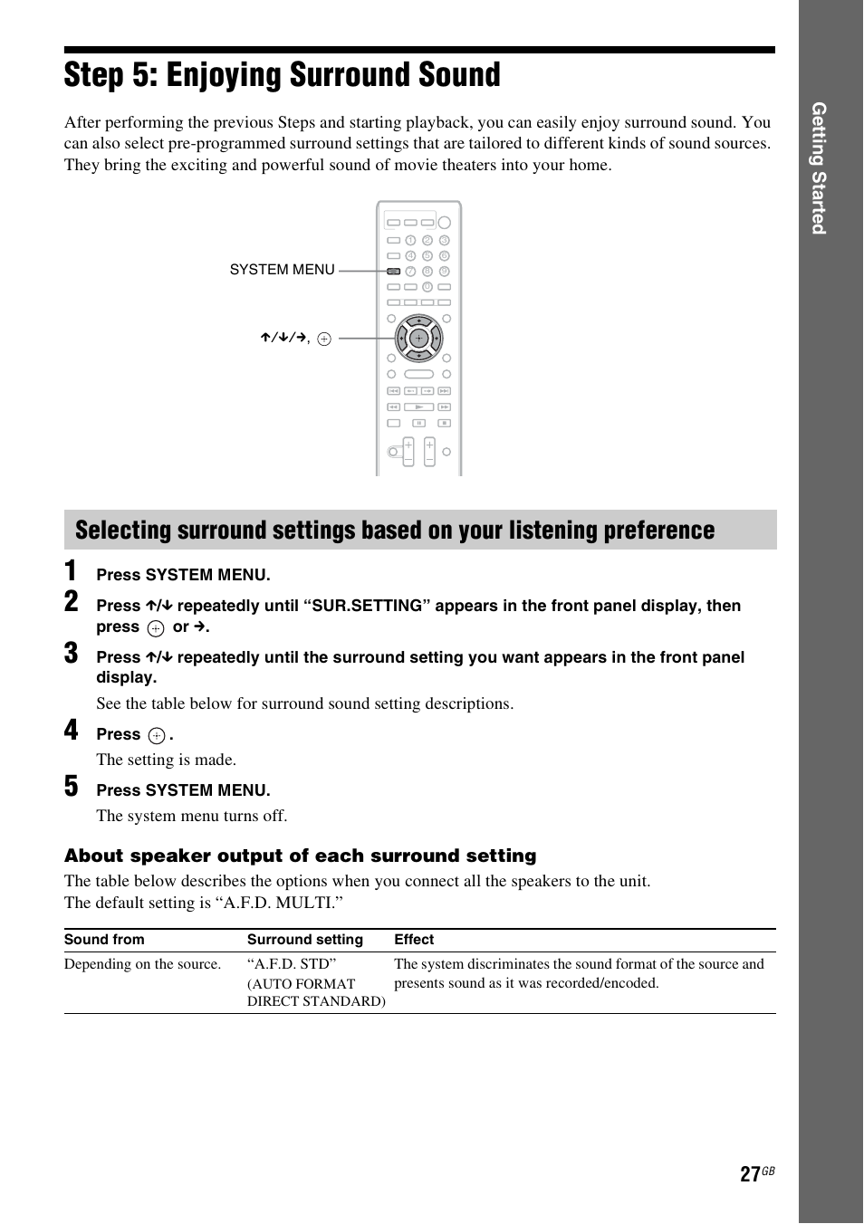 Step 5: enjoying surround sound, Step 5: enjoying surround, Sound | Es 27 | Sony 4-178-247-14(1) User Manual | Page 27 / 80