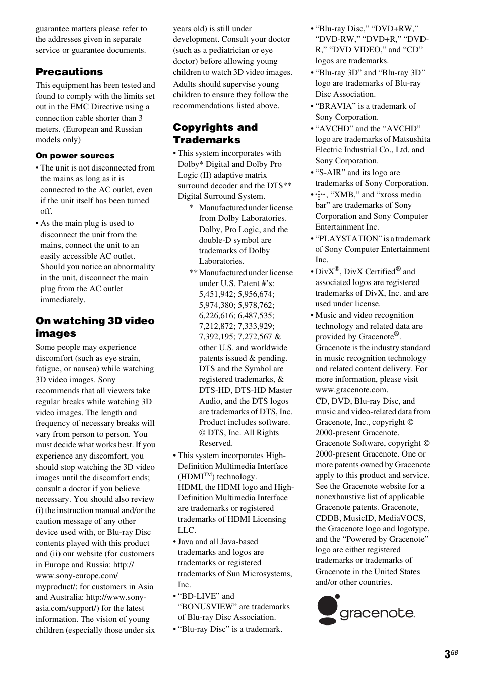 Precautions, On watching 3d video images, Copyrights and trademarks | Sony 4-178-247-14(1) User Manual | Page 3 / 80