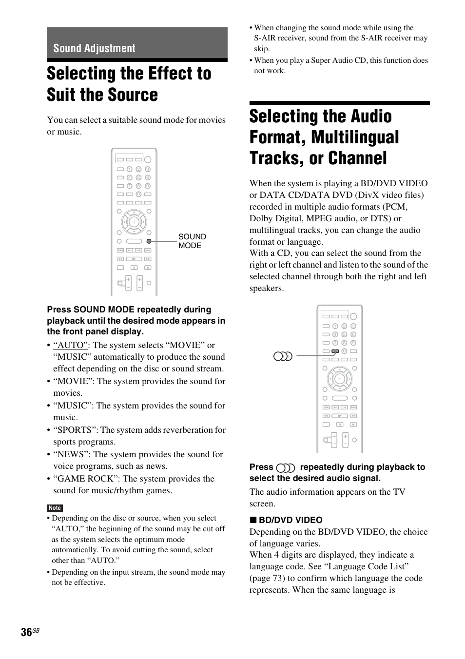 Sound adjustment, Selecting the effect to suit the source, Selecting the effect to suit | The source, Selecting the audio format, multilingual, Tracks, or channel, Es 36, E 36), The audio information appears on the tv screen | Sony 4-178-247-14(1) User Manual | Page 36 / 80