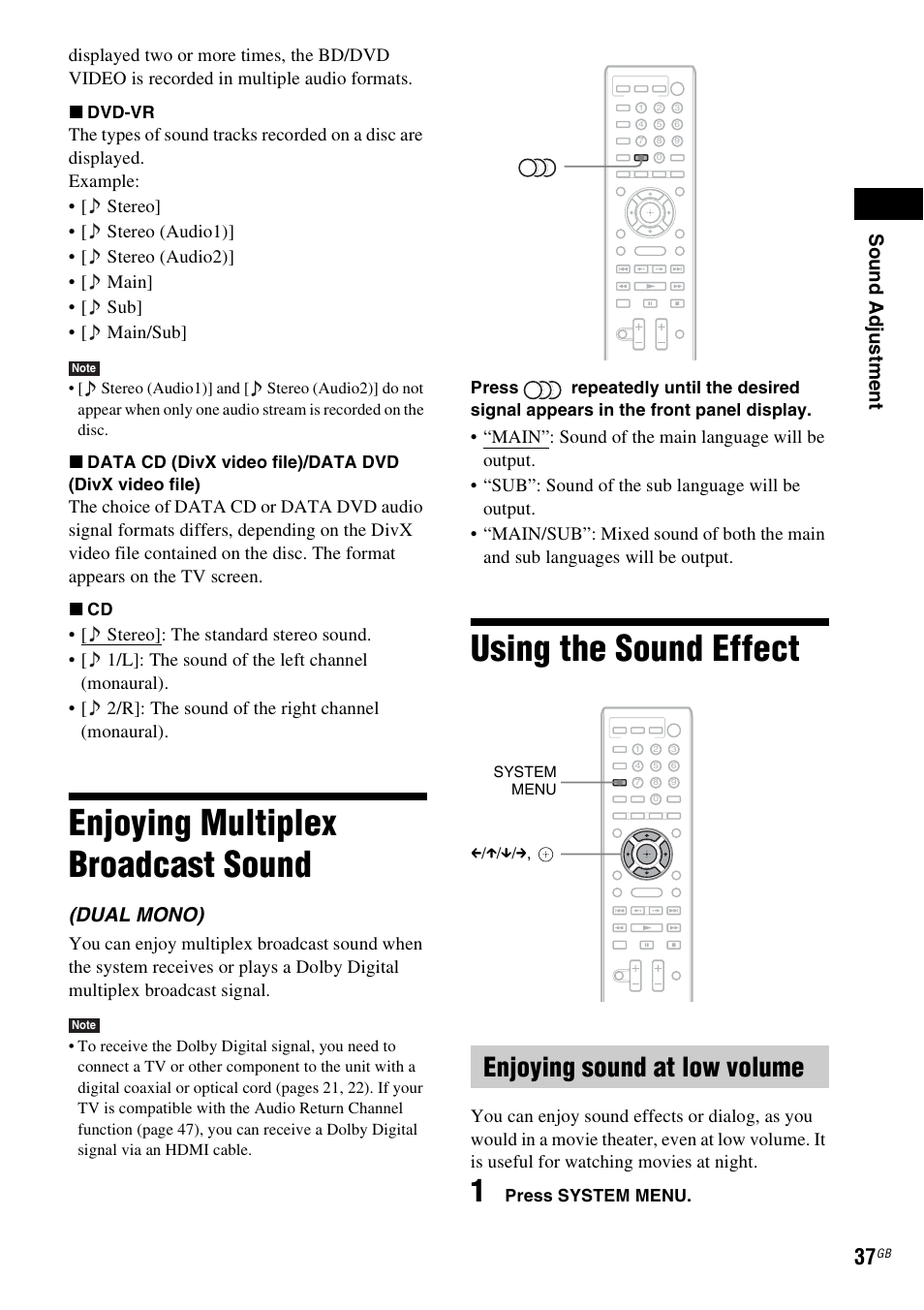 Enjoying multiplex broadcast sound, Using the sound effect, Enjoying sound at low volume | Enjoying multiplex broadcast, Sound, Sou nd adj u stm e nt, Dual mono) | Sony 4-178-247-14(1) User Manual | Page 37 / 80