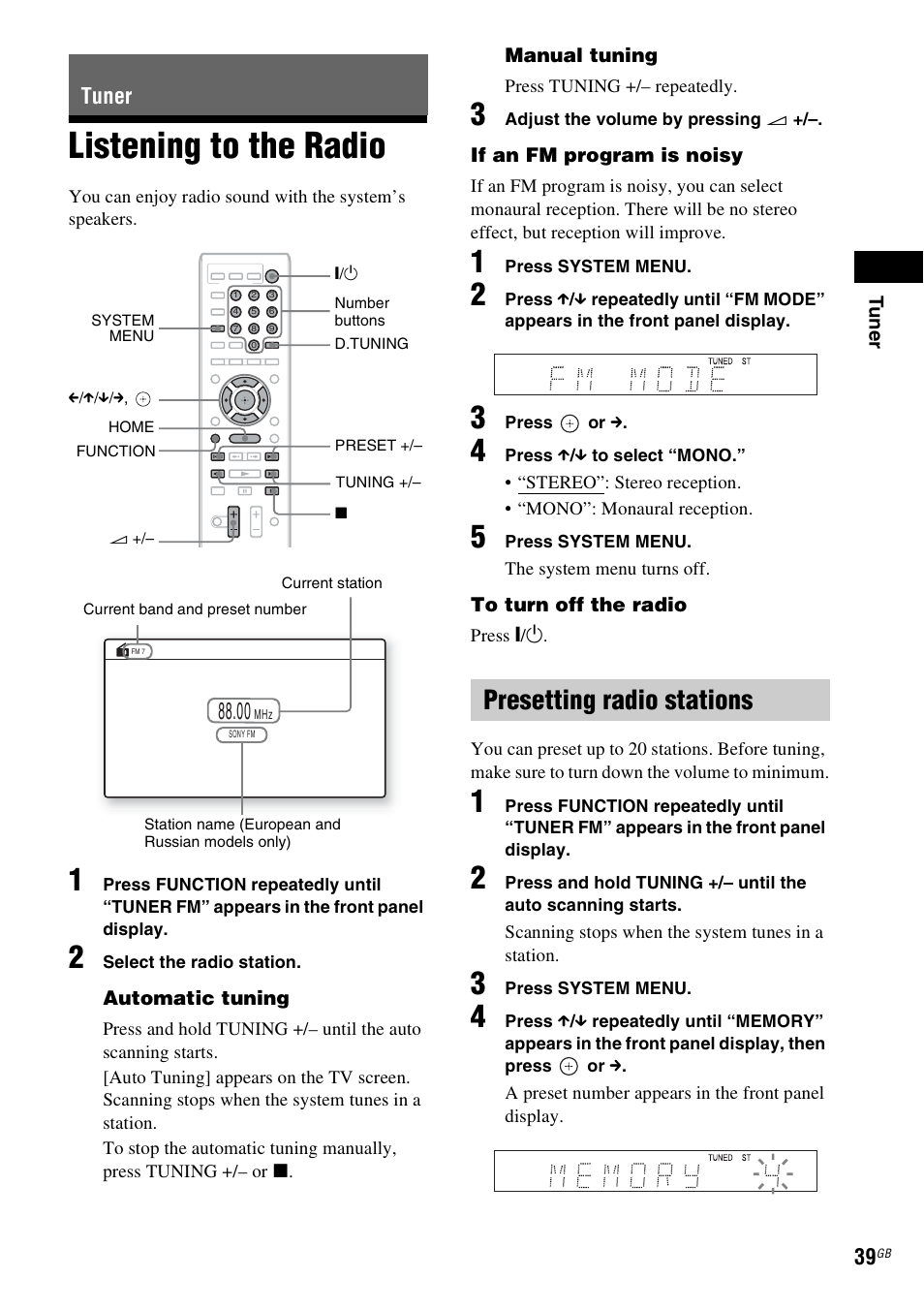 Tuner, Listening to the radio, Presetting radio stations | E 39) | Sony 4-178-247-14(1) User Manual | Page 39 / 80