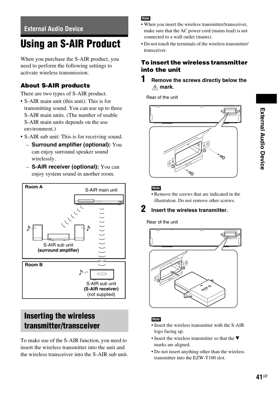 External audio device, Using an s-air product, Inserting the wireless transmitter/transceiver | E 41), About s-air products | Sony 4-178-247-14(1) User Manual | Page 41 / 80