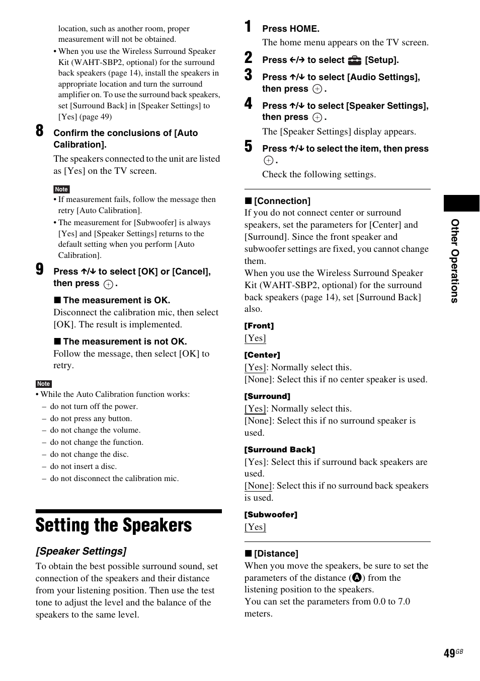 Setting the speakers | Sony 4-178-247-14(1) User Manual | Page 49 / 80