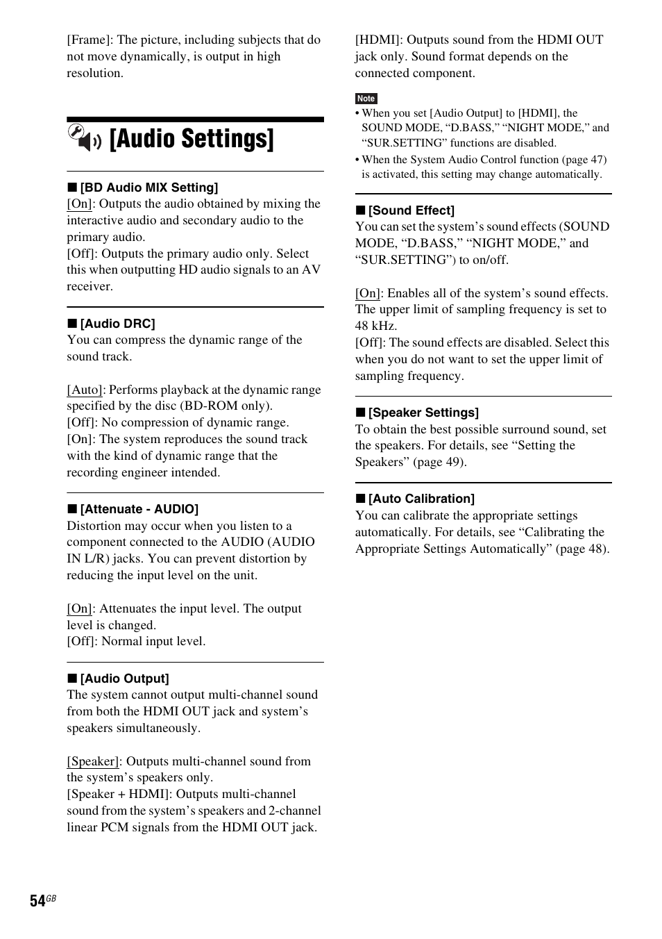 Audio settings | Sony 4-178-247-14(1) User Manual | Page 54 / 80