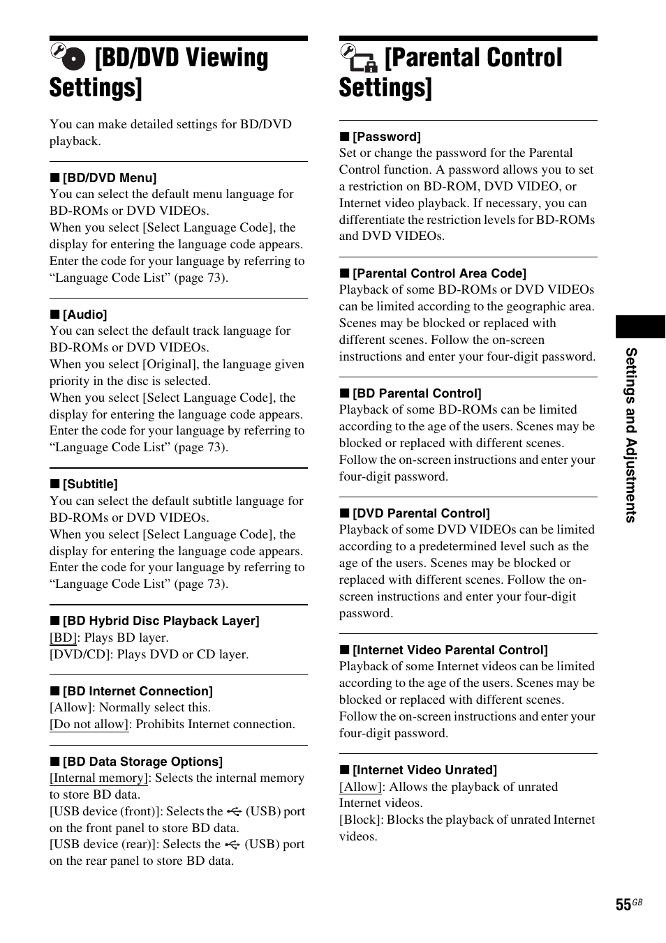 Bd/dvd viewing settings, Parental control settings, E 55) | Sony 4-178-247-14(1) User Manual | Page 55 / 80