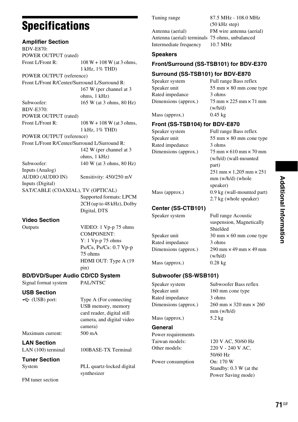 Specifications, Ad ditio n al inf o rm at ion | Sony 4-178-247-14(1) User Manual | Page 71 / 80