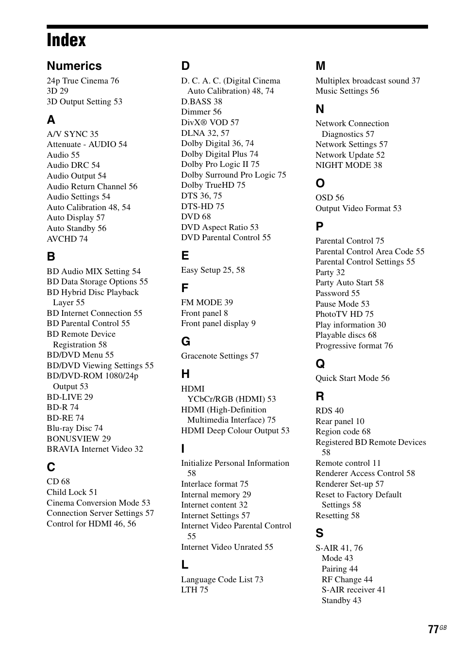 Index, Numerics | Sony 4-178-247-14(1) User Manual | Page 77 / 80