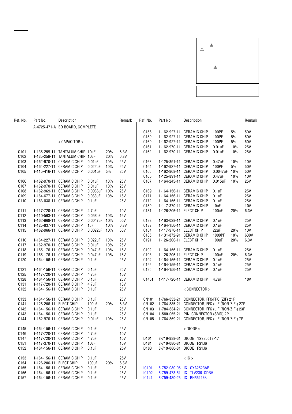 Electrical parts list | Sony MDS-S50 User Manual | Page 62 / 70