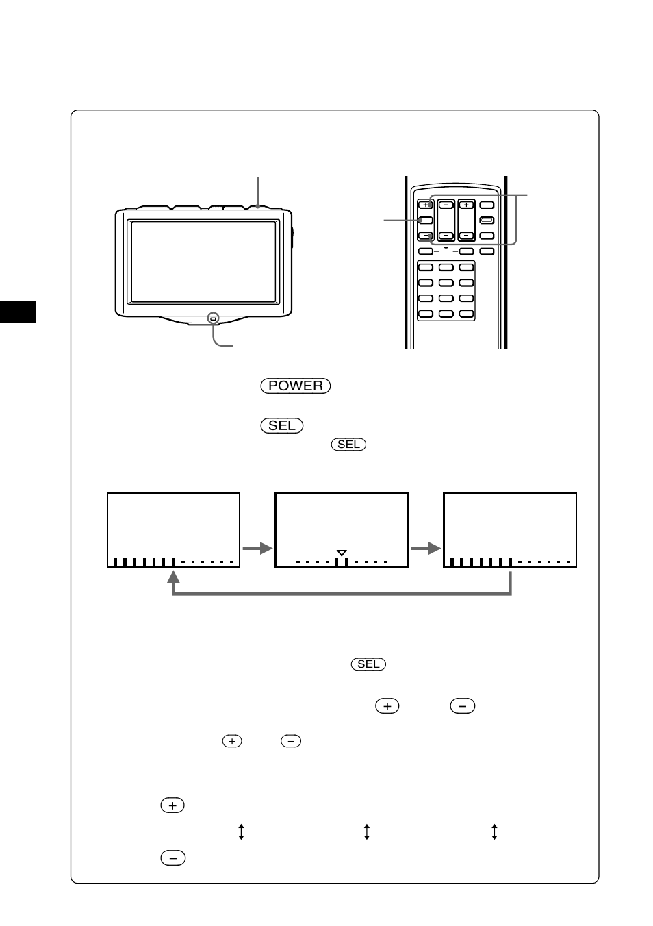 Einstellen der bildqualität, Drücken sie (power), Drücken sie (sel) | Stellen sie das bild mit sel (+) oder (-) ein | Sony XTL-W70 User Manual | Page 36 / 84