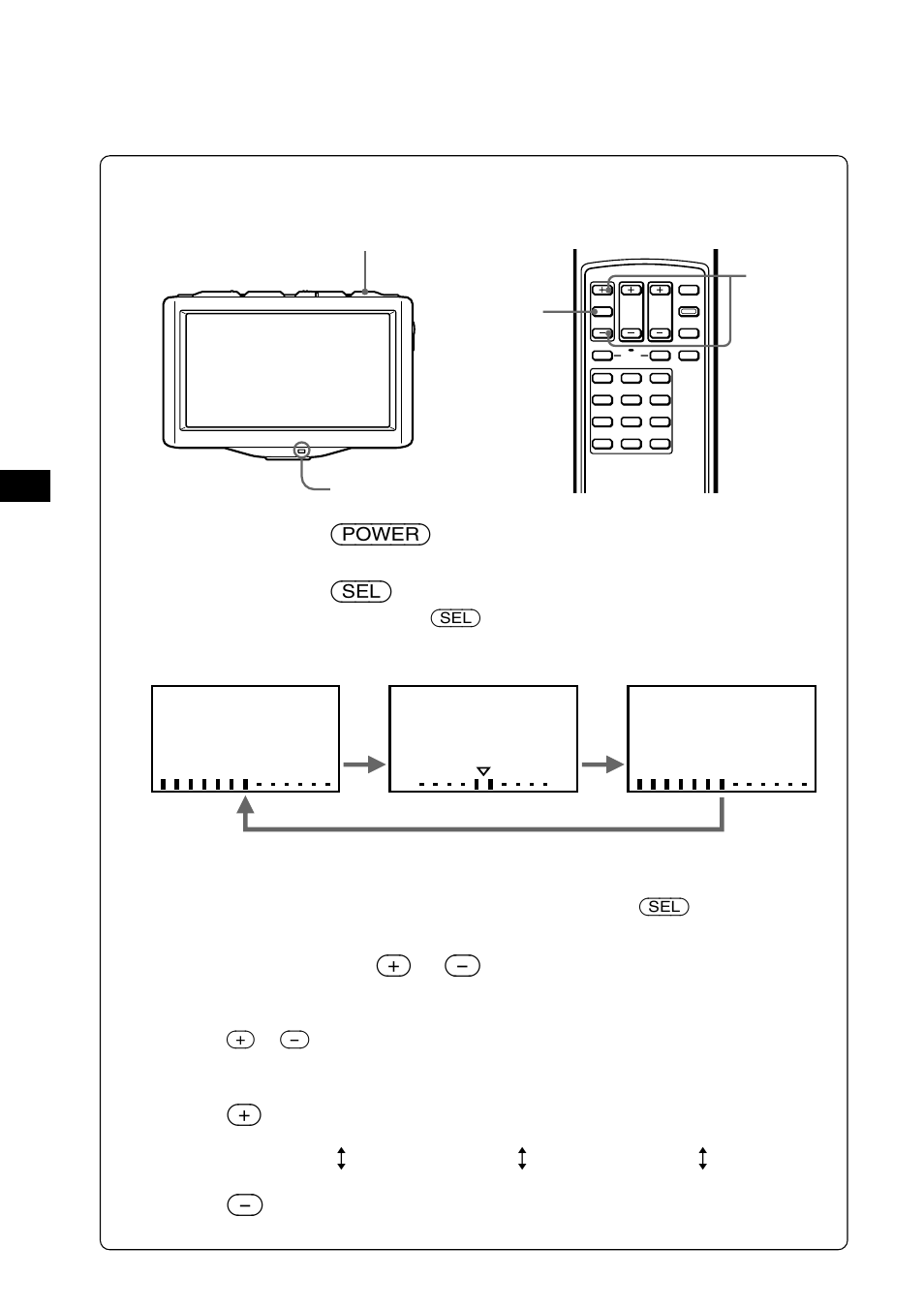 Ajuste de la imagen, Presione (power), Presione (sel) | Presione sel (+) o (-) para realizar un ajuste | Sony XTL-W70 User Manual | Page 56 / 84