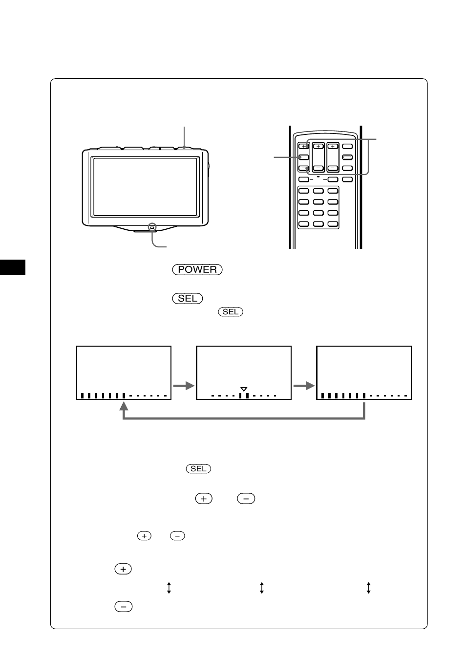 Ajustando a imagem, Pressione (power), Pressione (sel) | Pressione sel (+) ou (-) para ajustar | Sony XTL-W70 User Manual | Page 76 / 84