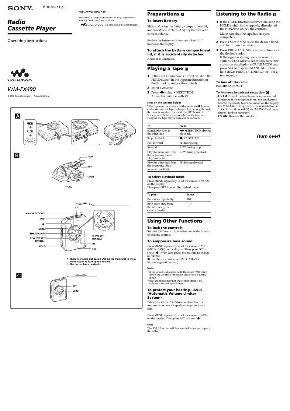 Sony WM-FX490 User Manual | 2 pages