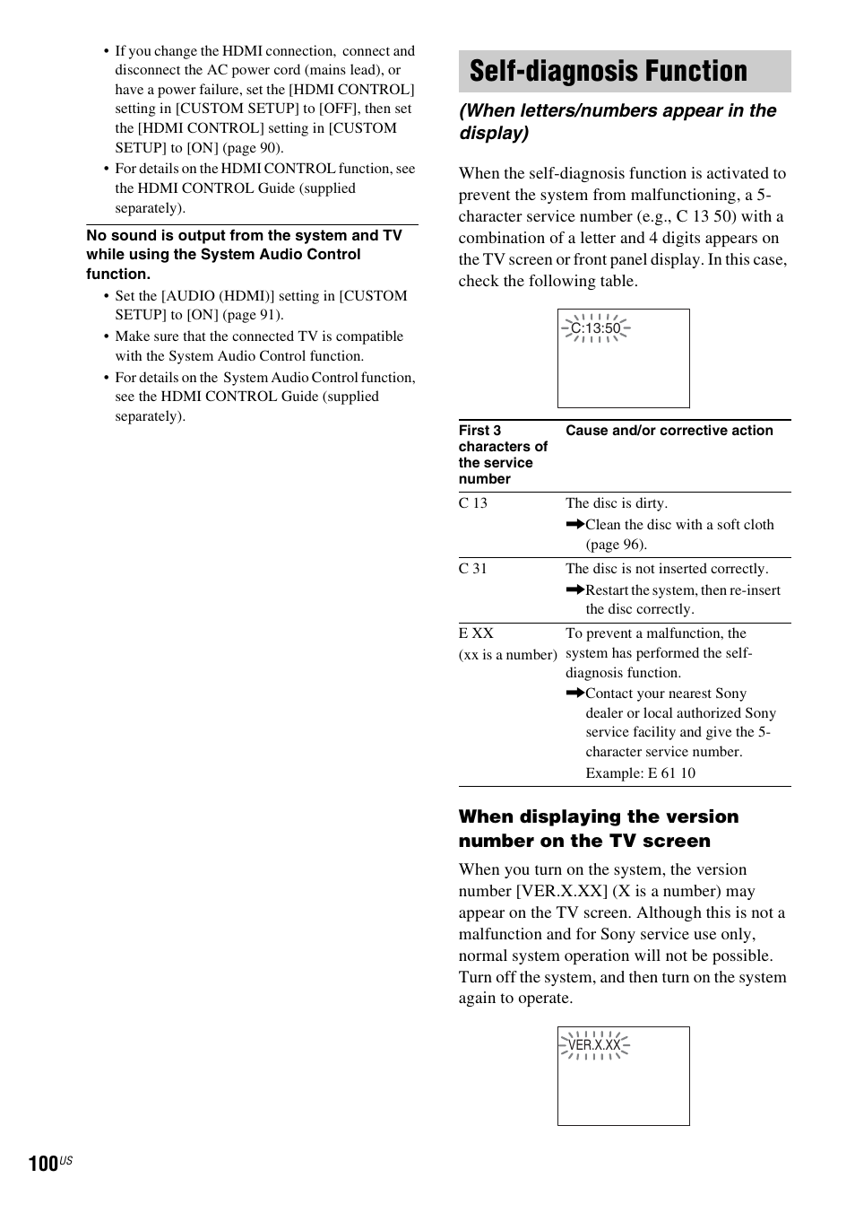 Self-diagnosis function, When letters/numbers appear in the display) | Sony DAVHDX500 User Manual | Page 100 / 120