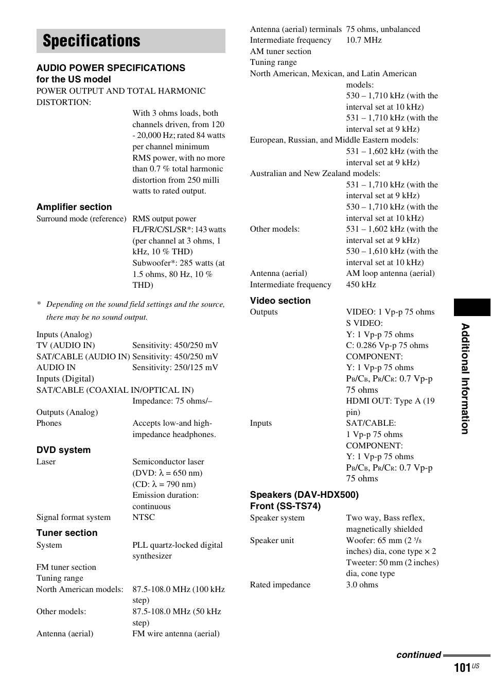 Specifications, Ad dition al i n fo rm atio n | Sony DAVHDX500 User Manual | Page 101 / 120