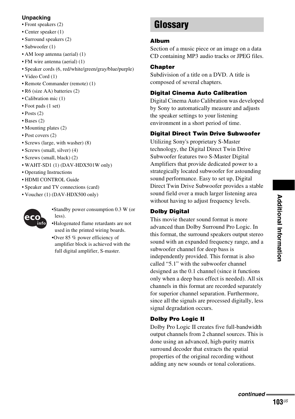 Glossary | Sony DAVHDX500 User Manual | Page 103 / 120