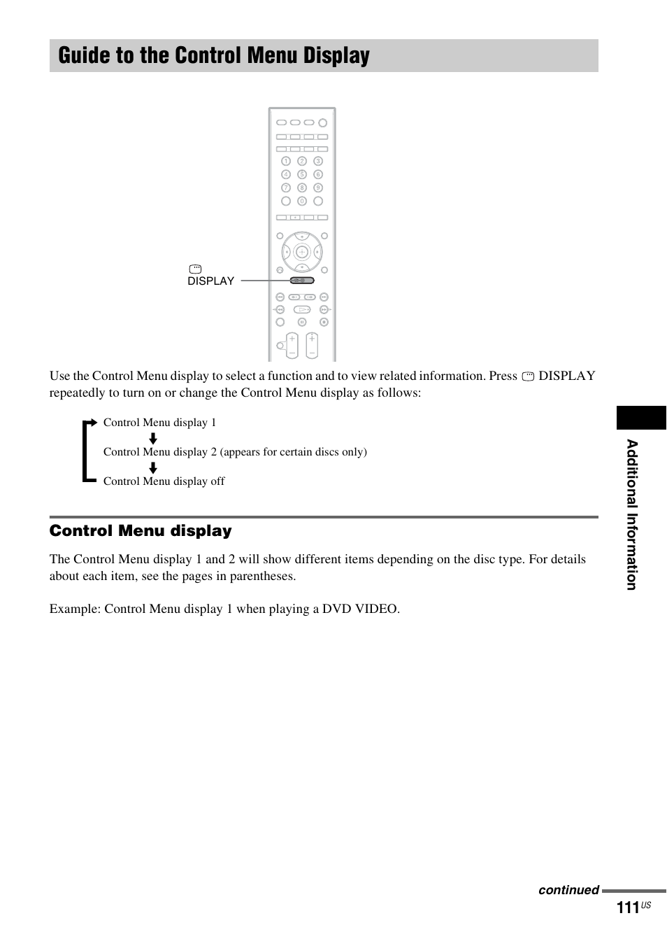 Guide to the control menu display, Control menu display | Sony DAVHDX500 User Manual | Page 111 / 120