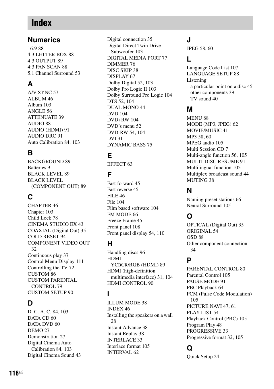 Index, Numerics | Sony DAVHDX500 User Manual | Page 116 / 120