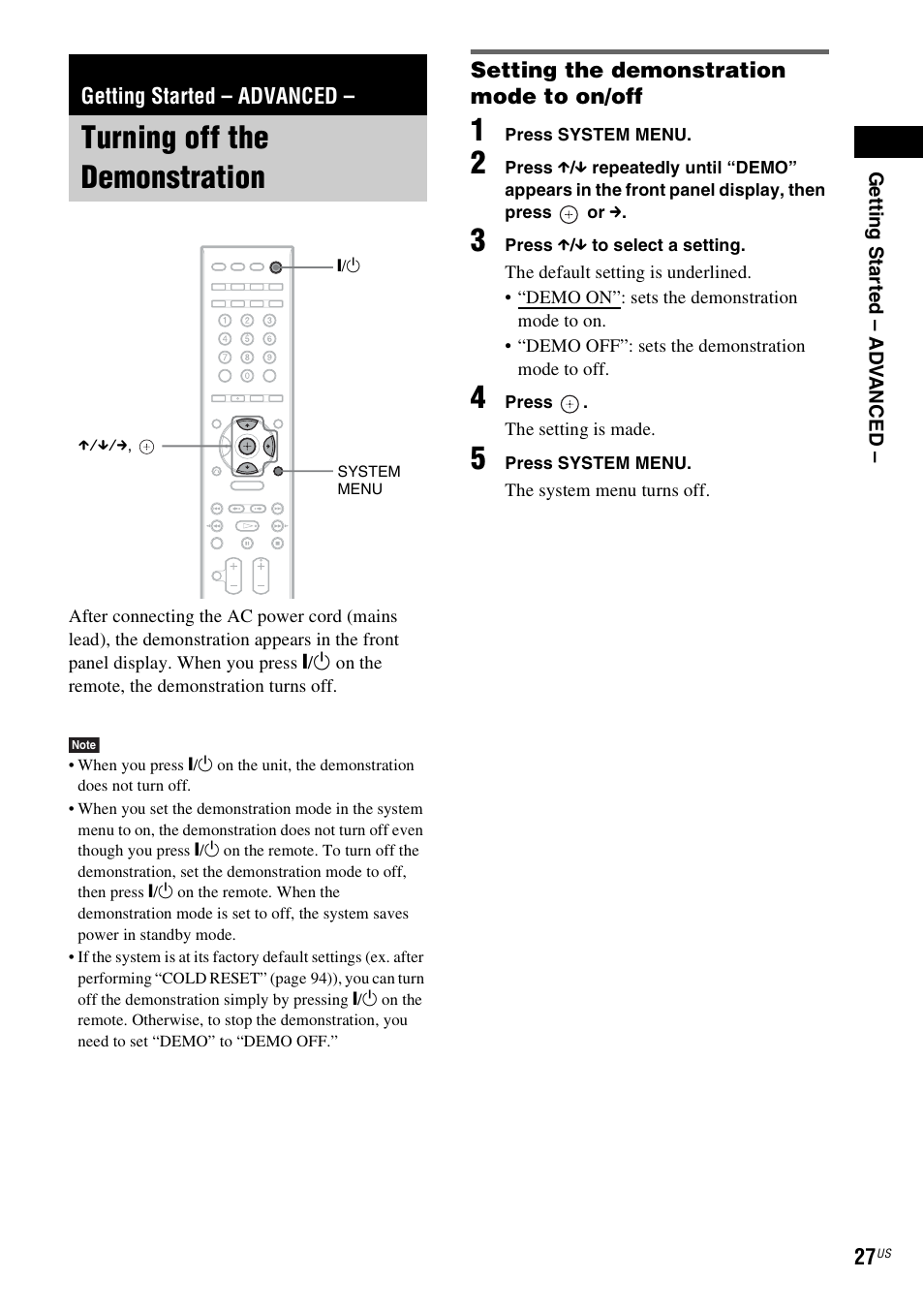 Getting started - advanced, Turning off the demonstration, Setting the demonstration mode to on/off | Getting started – advanced | Sony DAVHDX500 User Manual | Page 27 / 120