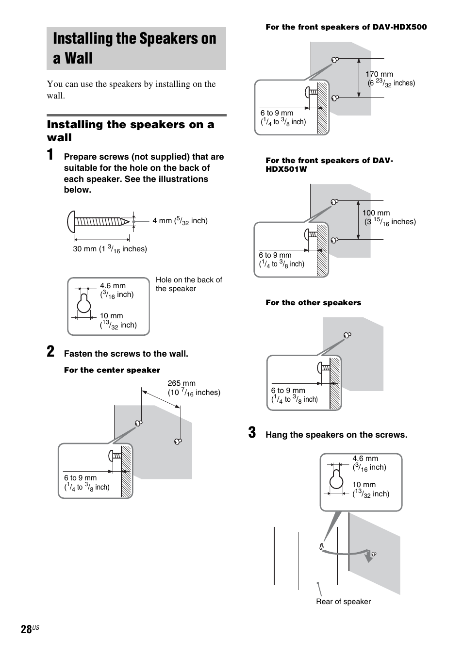 Installing the speakers on a wall, You can use the speakers by installing on the wall | Sony DAVHDX500 User Manual | Page 28 / 120