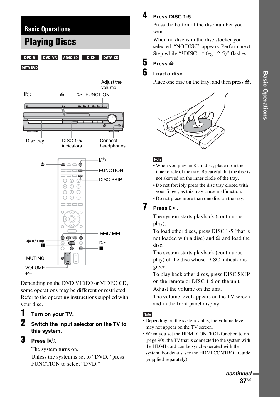 Basic operations, Playing discs | Sony DAVHDX500 User Manual | Page 37 / 120