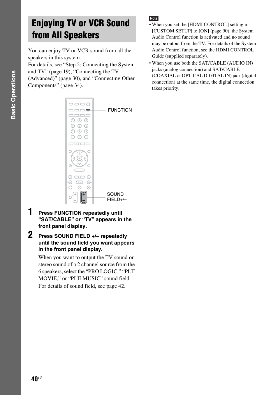 Enjoying tv or vcr sound from all speakers, Enjoying tv or vcr sound from all, Speakers | Sony DAVHDX500 User Manual | Page 40 / 120