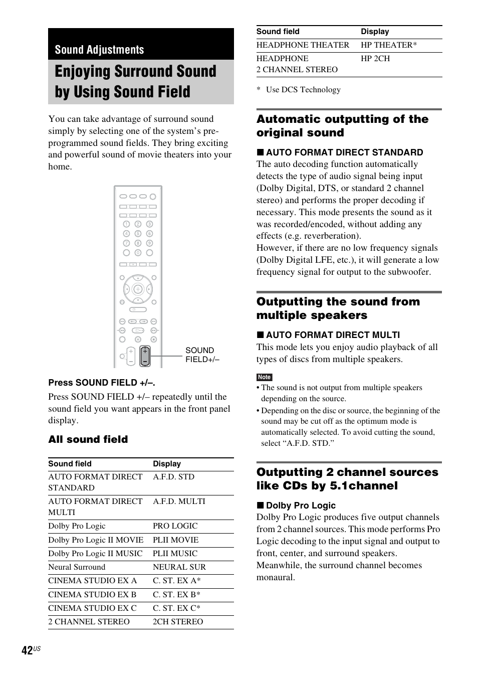 Sound adjustments, Enjoying surround sound by using sound field, Automatic outputting of the original sound | Outputting the sound from multiple speakers, Enjoying surround sound by using sound, Field | Sony DAVHDX500 User Manual | Page 42 / 120