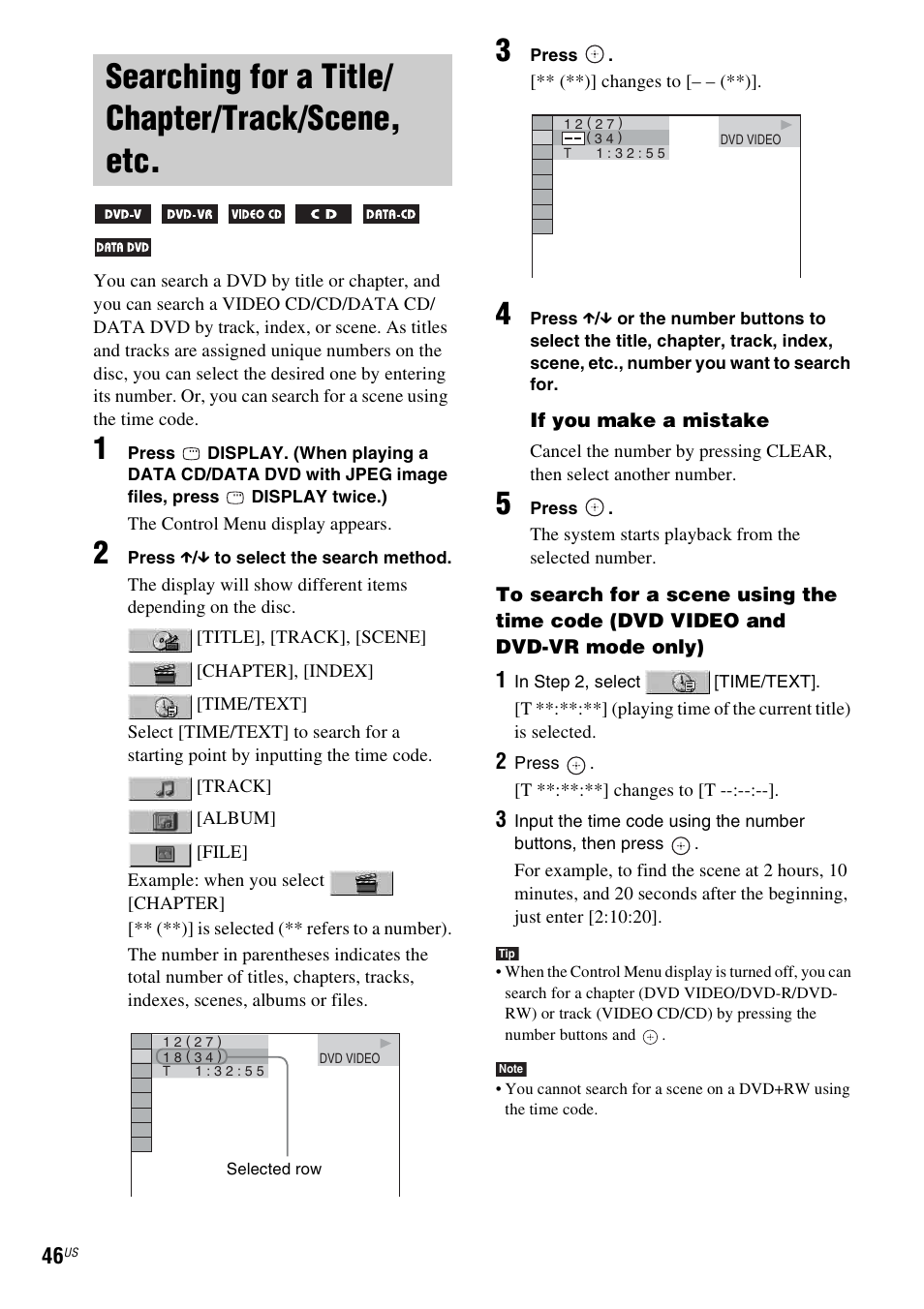 Searching for a title/ chapter/track/scene, etc, Searching for a title/chapter/track, Scene, etc | Sony DAVHDX500 User Manual | Page 46 / 120