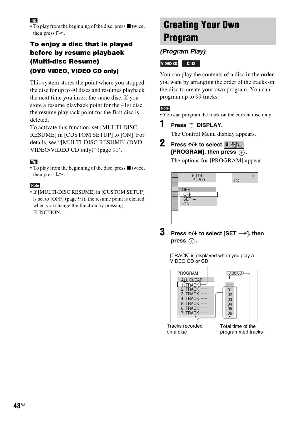 Creating your own program, Program play) | Sony DAVHDX500 User Manual | Page 48 / 120