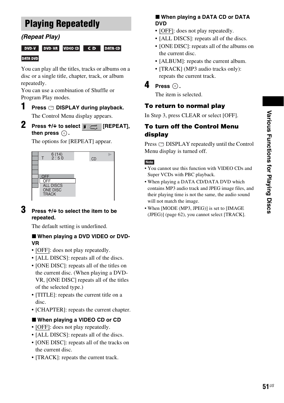 Playing repeatedly, Repeat play) | Sony DAVHDX500 User Manual | Page 51 / 120