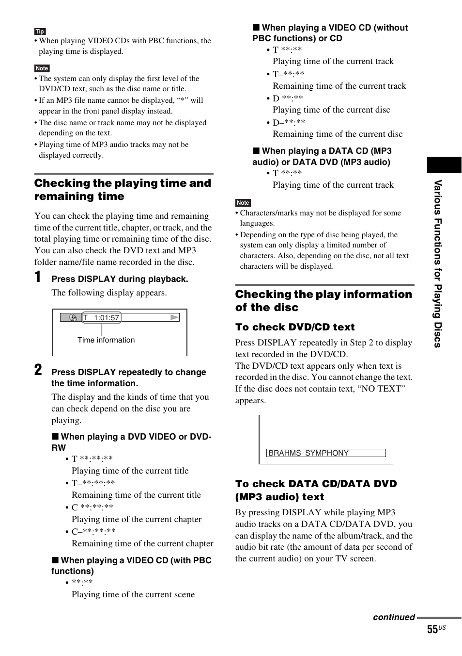 Checking the playing time and remaining time, Checking the play information of the disc | Sony DAVHDX500 User Manual | Page 55 / 120