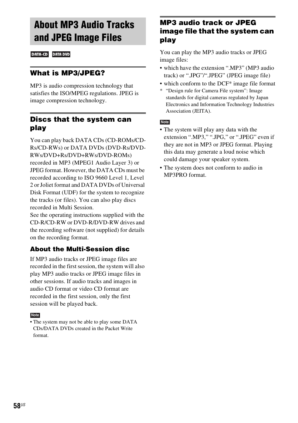 About mp3 audio tracks and jpeg image files, What is mp3/jpeg, Discs that the system can play | About mp3 audio tracks and jpeg, Image files | Sony DAVHDX500 User Manual | Page 58 / 120