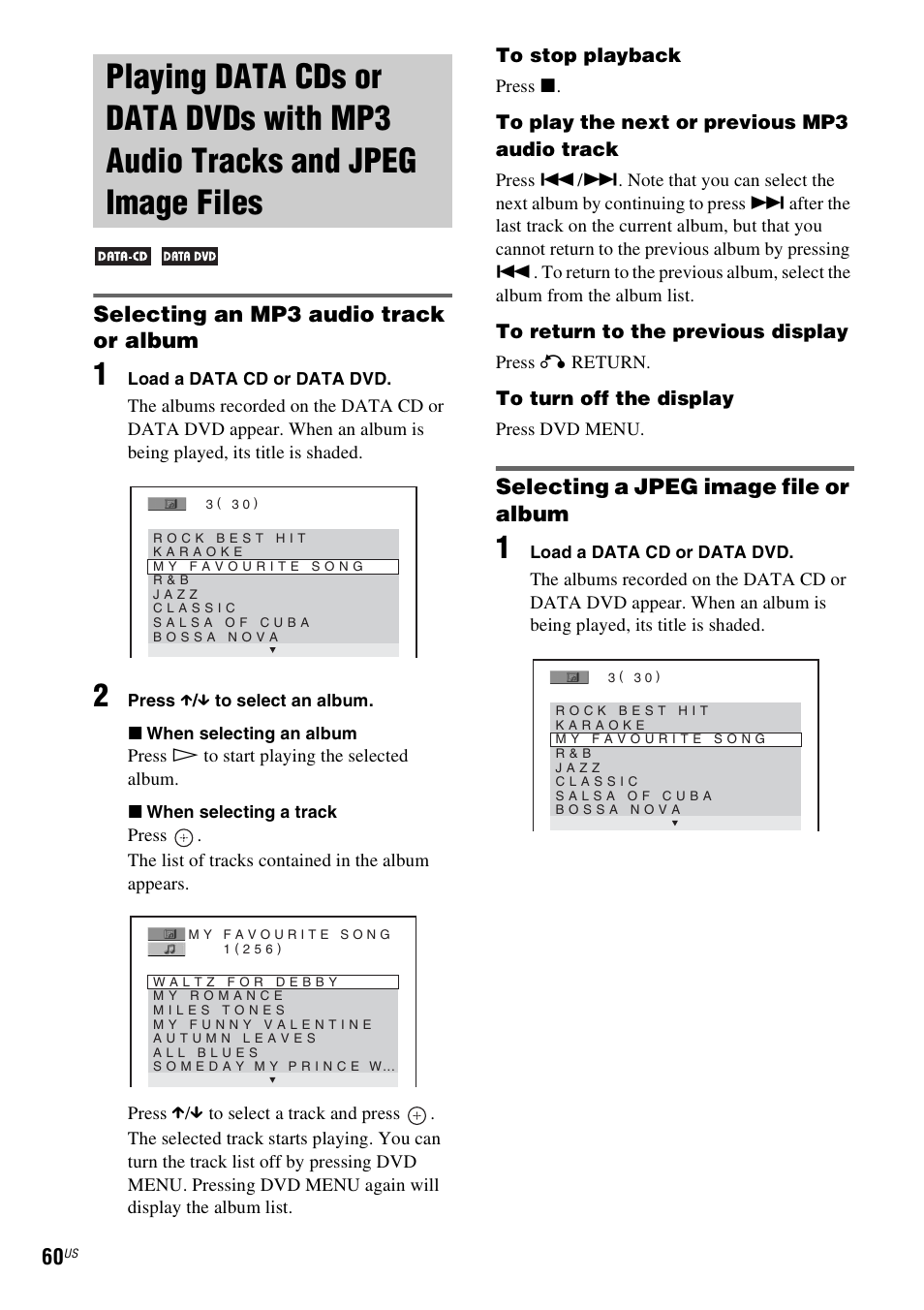 Selecting an mp3 audio track or album, Selecting a jpeg image file or album, Playing data cds or data dvds with | Mp3 audio tracks and jpeg image files | Sony DAVHDX500 User Manual | Page 60 / 120