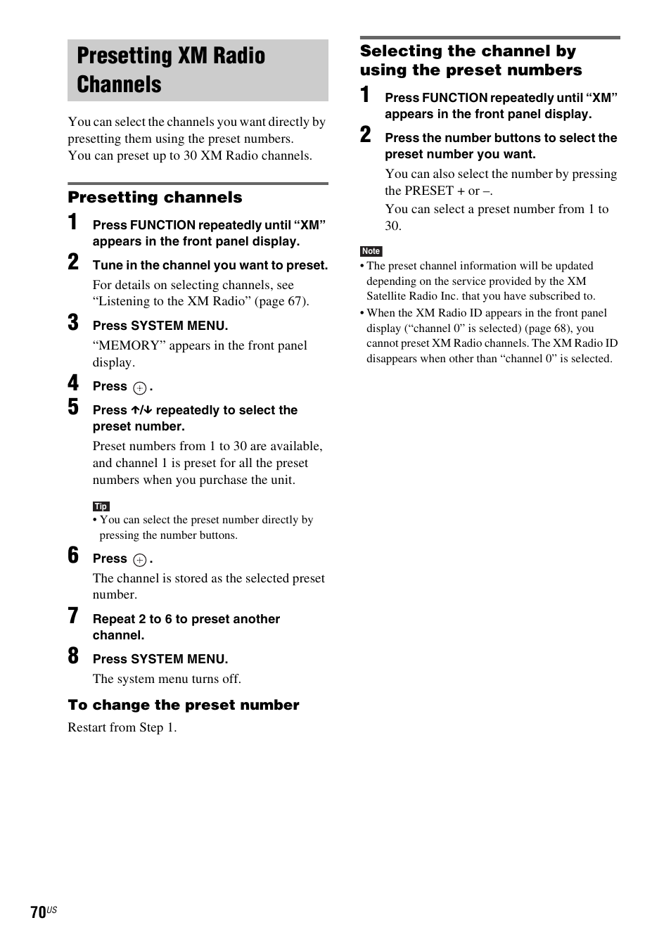 Presetting xm radio channels, Presetting channels, Selecting the channel by using the preset numbers | Sony DAVHDX500 User Manual | Page 70 / 120