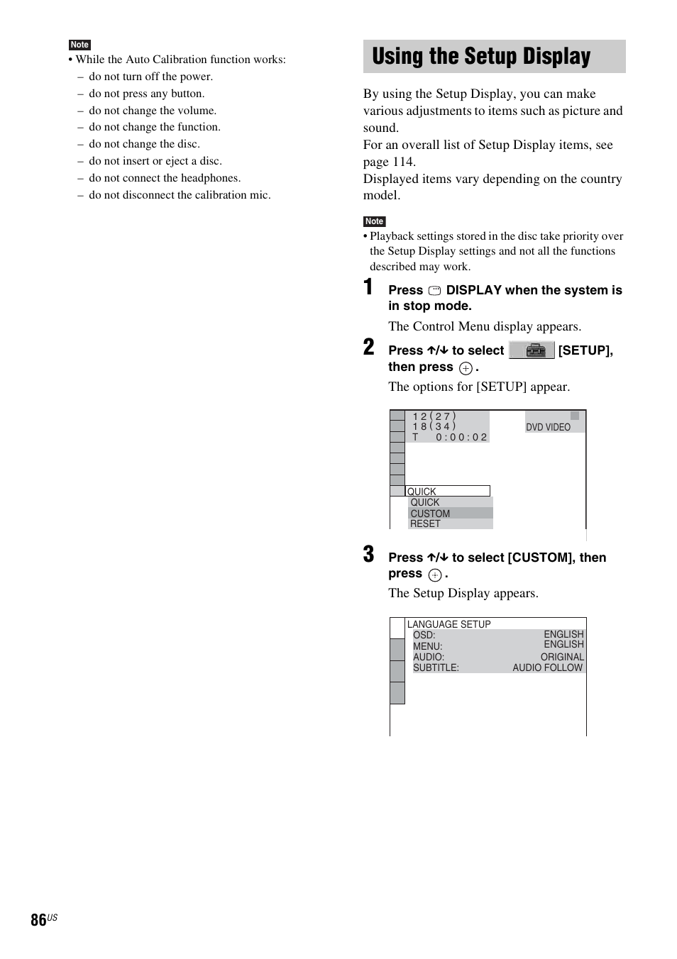 Using the setup display, Using | Sony DAVHDX500 User Manual | Page 86 / 120