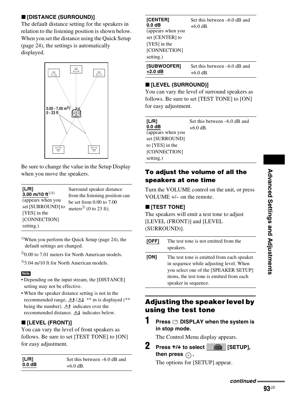 Adjusting the speaker level by using the test tone | Sony DAVHDX500 User Manual | Page 93 / 120