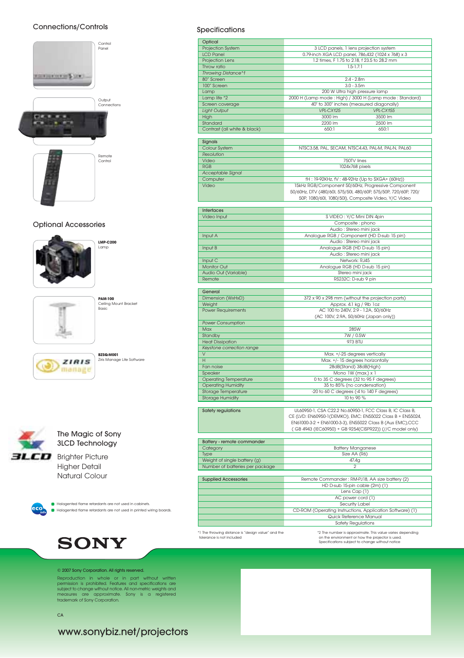 Specifications, Connections/controls optional accessories | Sony PL-CX125 User Manual | Page 2 / 2