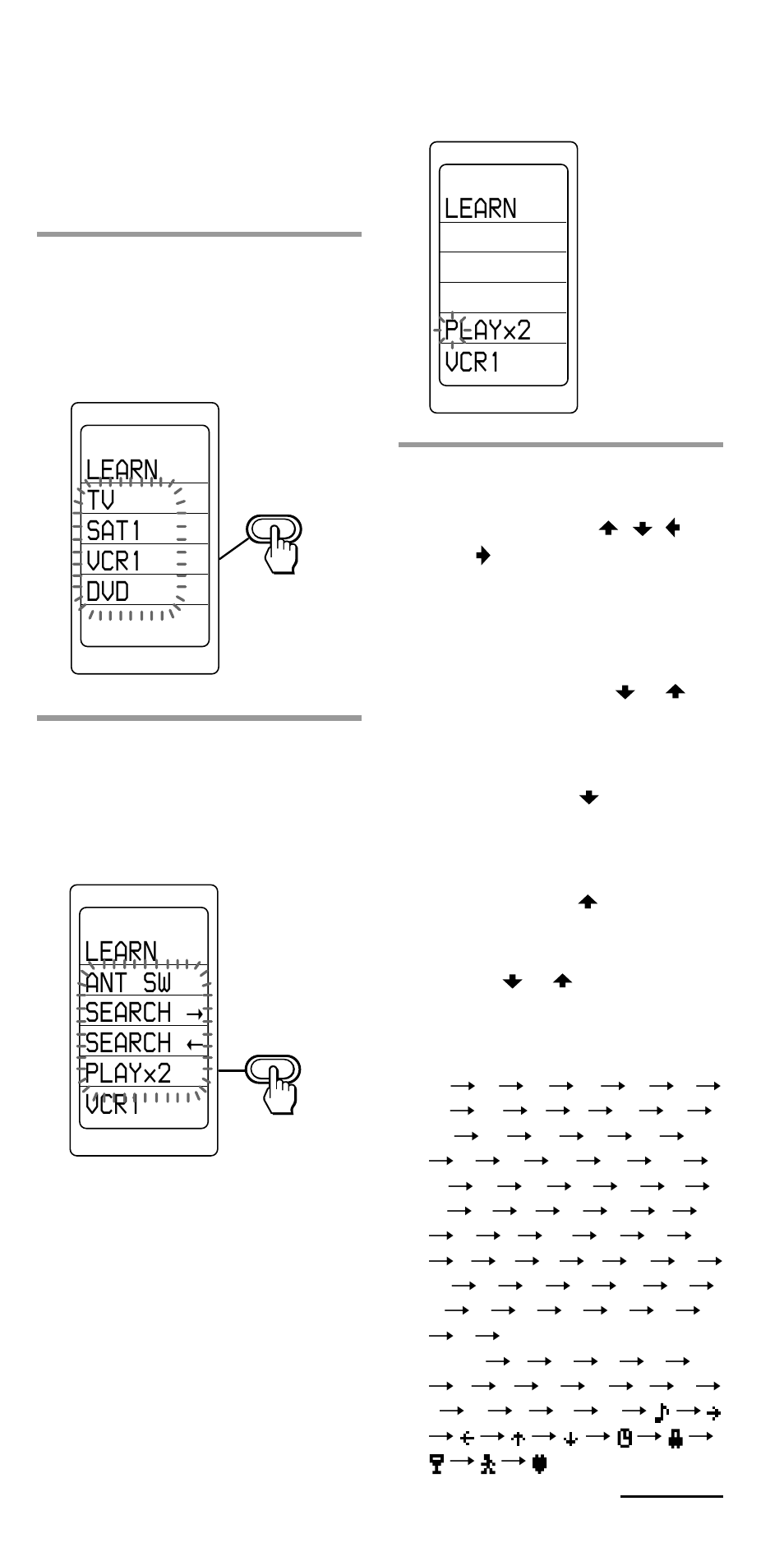 Learn vcr1 playx2, Learn tv sat1 vcr1 dvd, Learn ant sw search t search t playx2 vcr1 | Sony RM-VL1000T User Manual | Page 27 / 80