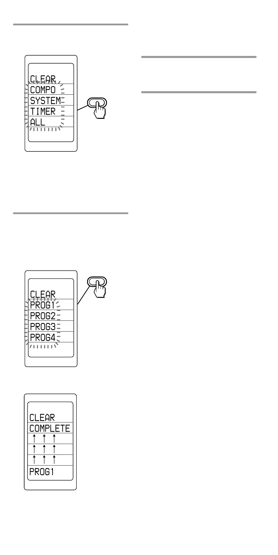 Clear prog1 prog2 prog3 prog4, Clear compo system timer all, Clear complete | Prog1 | Sony RM-VL1000T User Manual | Page 61 / 80