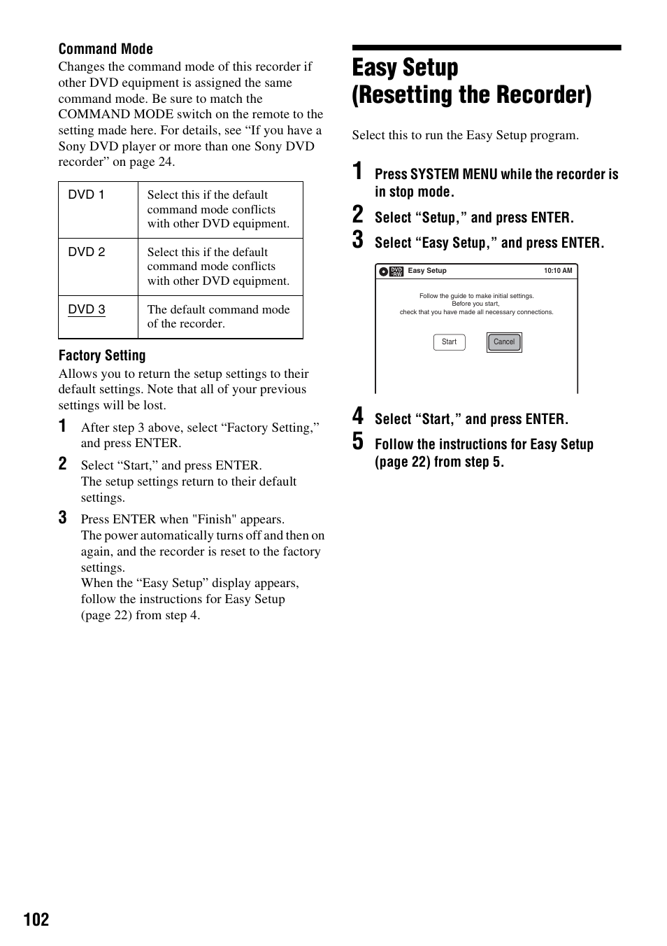 Easy setup (resetting the recorder) | Sony RDR-VX515 User Manual | Page 102 / 124