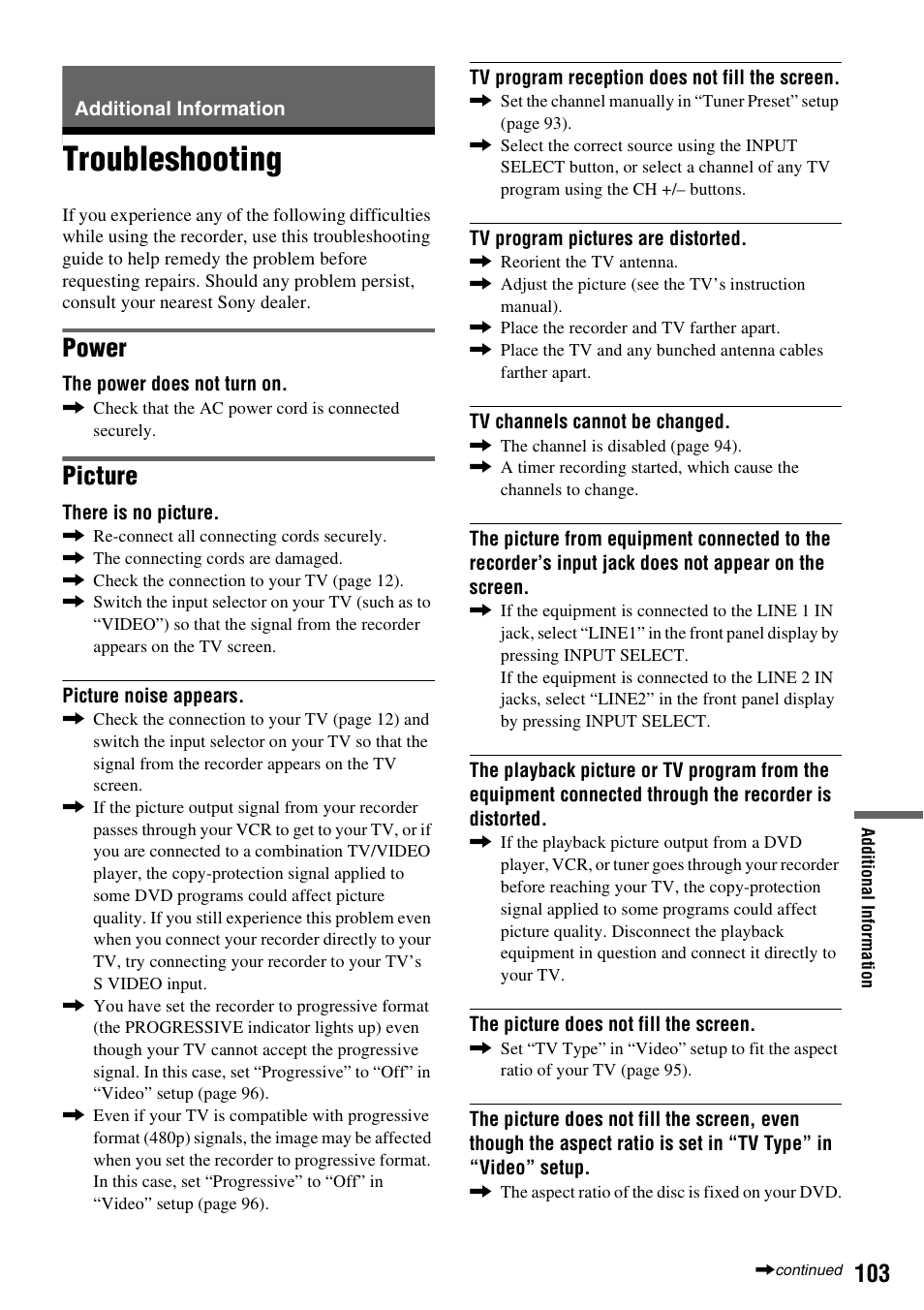 Additional information, Troubleshooting, Power | Picture | Sony RDR-VX515 User Manual | Page 103 / 124