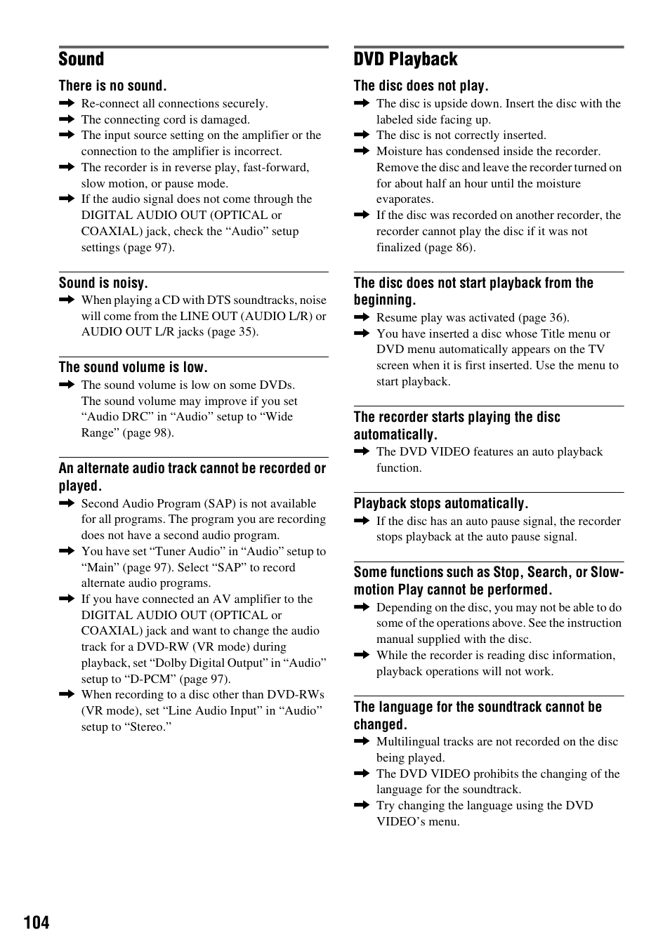 Sound, Dvd playback | Sony RDR-VX515 User Manual | Page 104 / 124