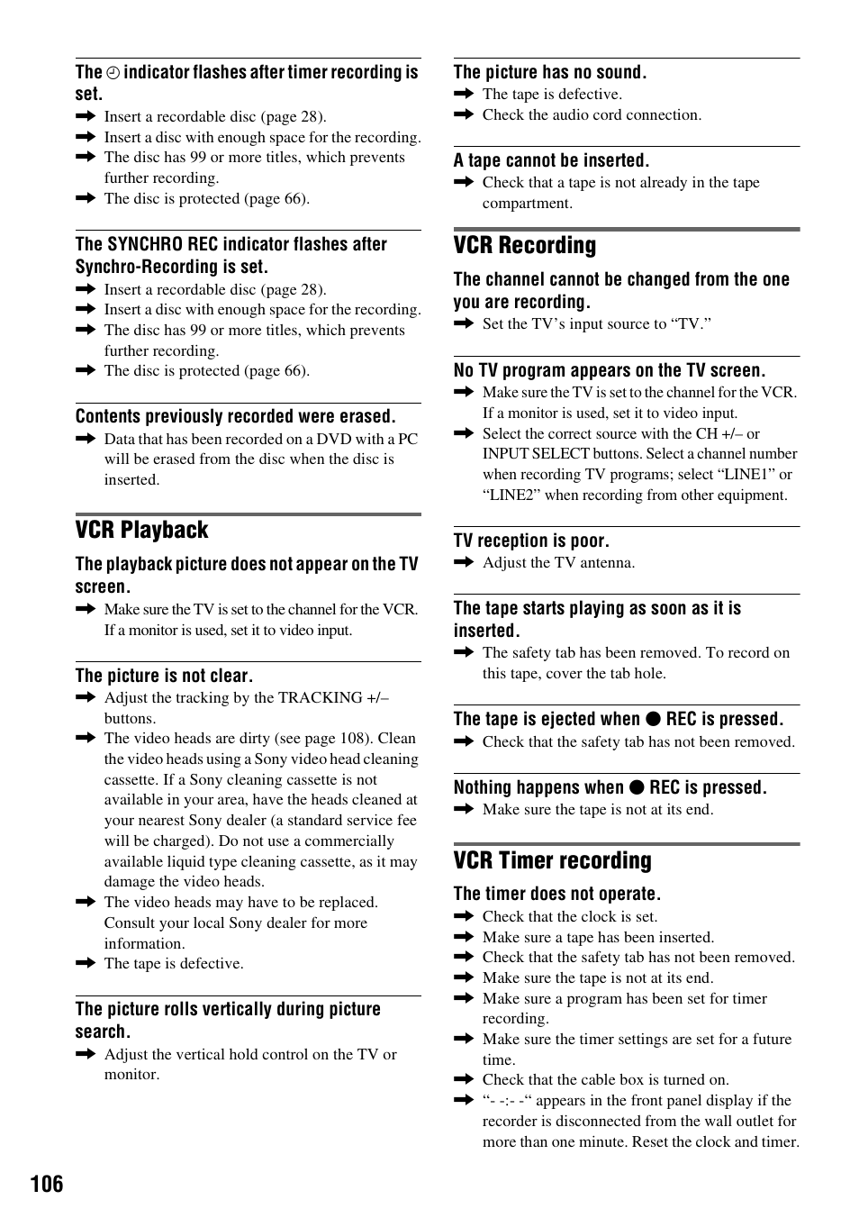 Vcr playback, Vcr recording, Vcr timer recording | Sony RDR-VX515 User Manual | Page 106 / 124