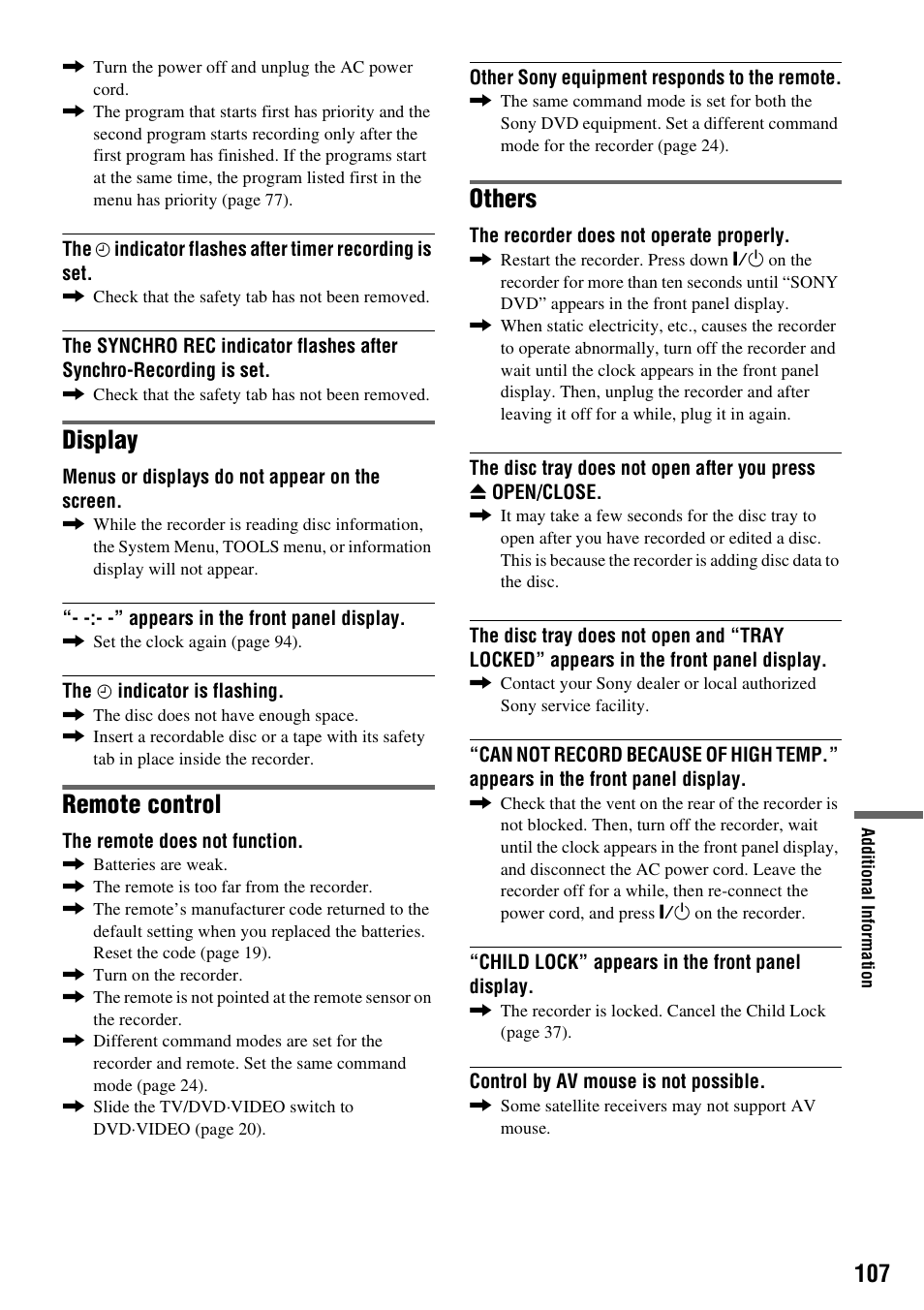 Display, Remote control, Others | Sony RDR-VX515 User Manual | Page 107 / 124