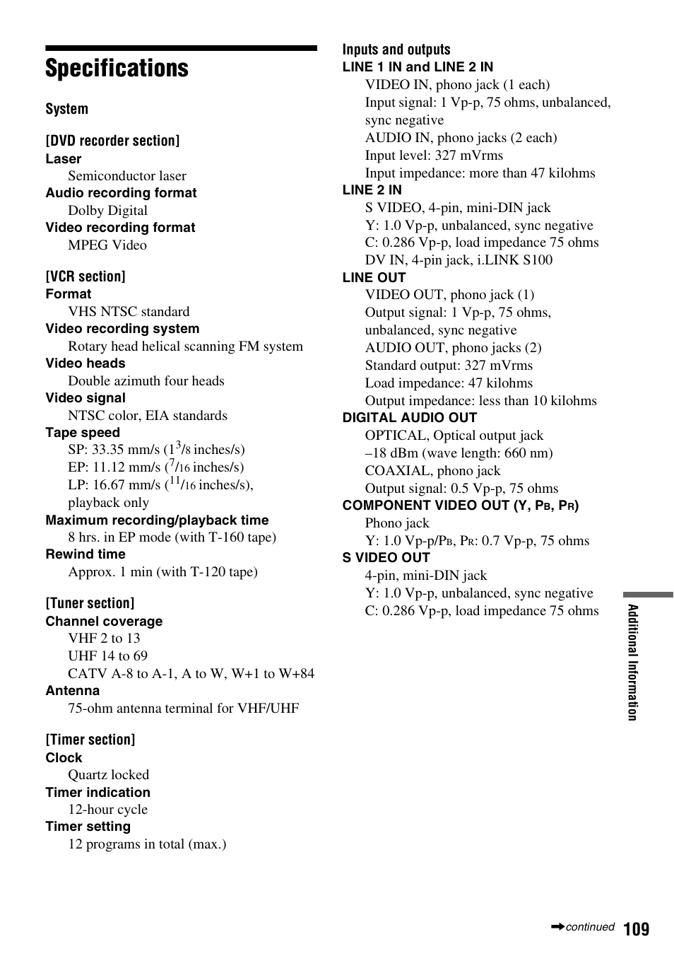 Specifications | Sony RDR-VX515 User Manual | Page 109 / 124